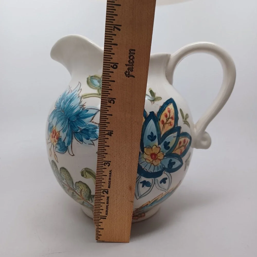 Maxcera Blue Vanilla Chintz Floral Ceramic Pitcher Hand Painted White Blue Green